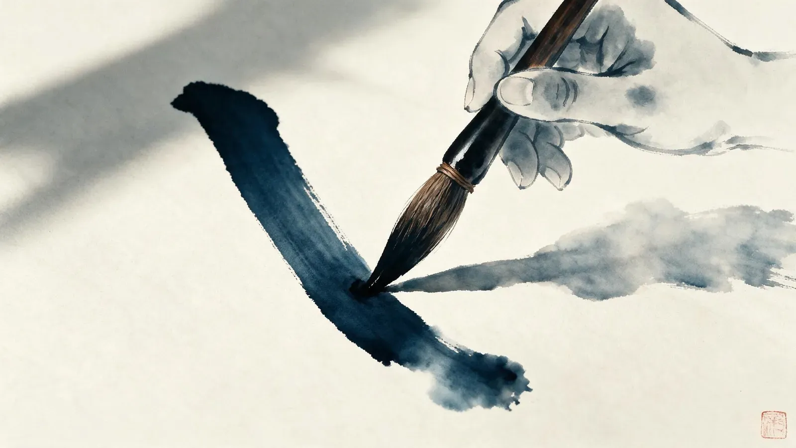 رسم بالحبر ليد تمسك فرشاة الخط وترسم ضربة واحدة واثقة على الورق